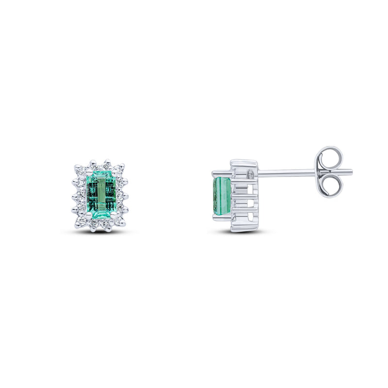 9ct White Gold Octagonal Natural Emerald & Diamond Cluster Stud Earrings — 5x3mm