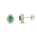 9ct Yellow Gold Pear Shaped Natural Emerald & Diamond Claw Set Cluster Stud Earrings — 5x4mm