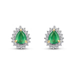 9ct Yellow Gold Pear Shaped Natural Emerald & Diamond Claw Set Cluster Stud Earrings — 5x4mm