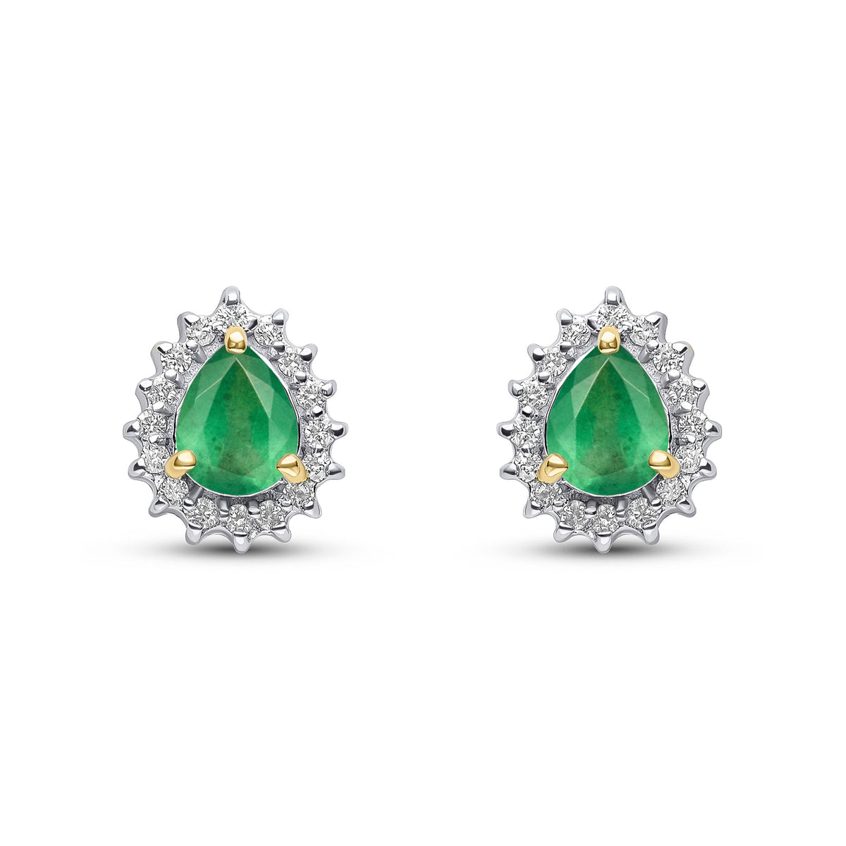 9ct Yellow Gold Pear Shaped Natural Emerald & Diamond Claw Set Cluster Stud Earrings — 5x4mm