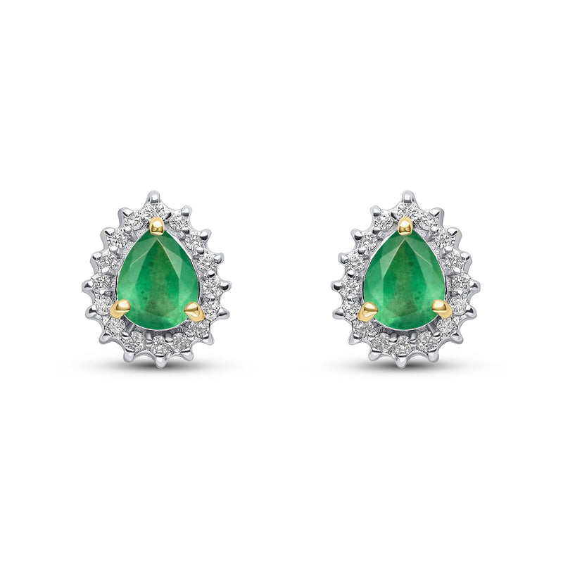9ct Yellow Gold Pear Shaped Natural Emerald & Diamond Claw Set Cluster Stud Earrings — 5x4mm