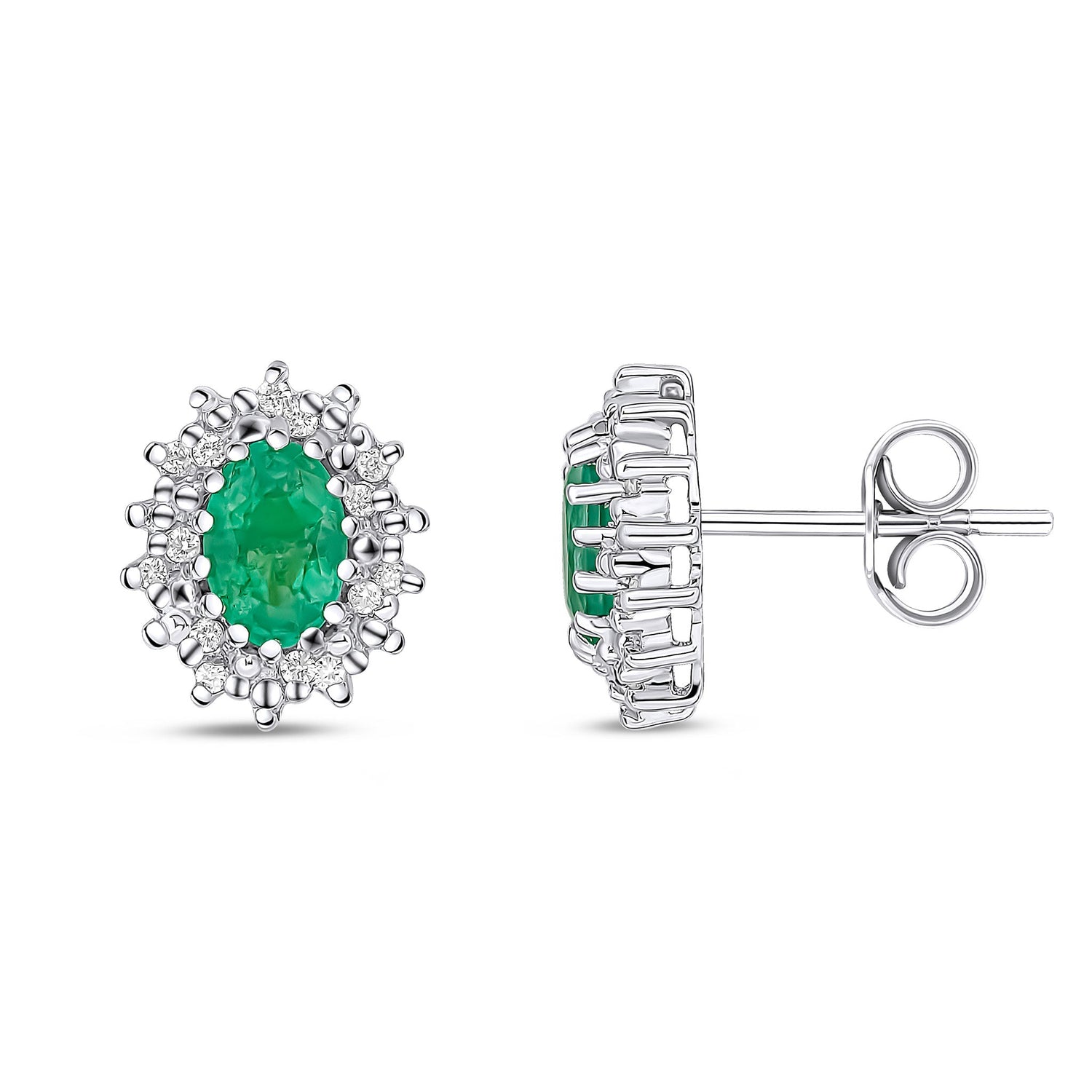 9ct White Gold Oval Natural Emerald and Diamond Cluster Earrings — 6x4mm