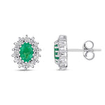 9ct White Gold Oval Natural Emerald & Diamond Claw Set Cluster Stud Earrings — 6x4mm
