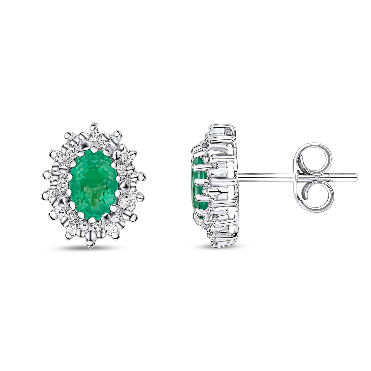 9ct White Gold Oval Natural Emerald & Diamond Claw Set Cluster Stud Earrings — 6x4mm
