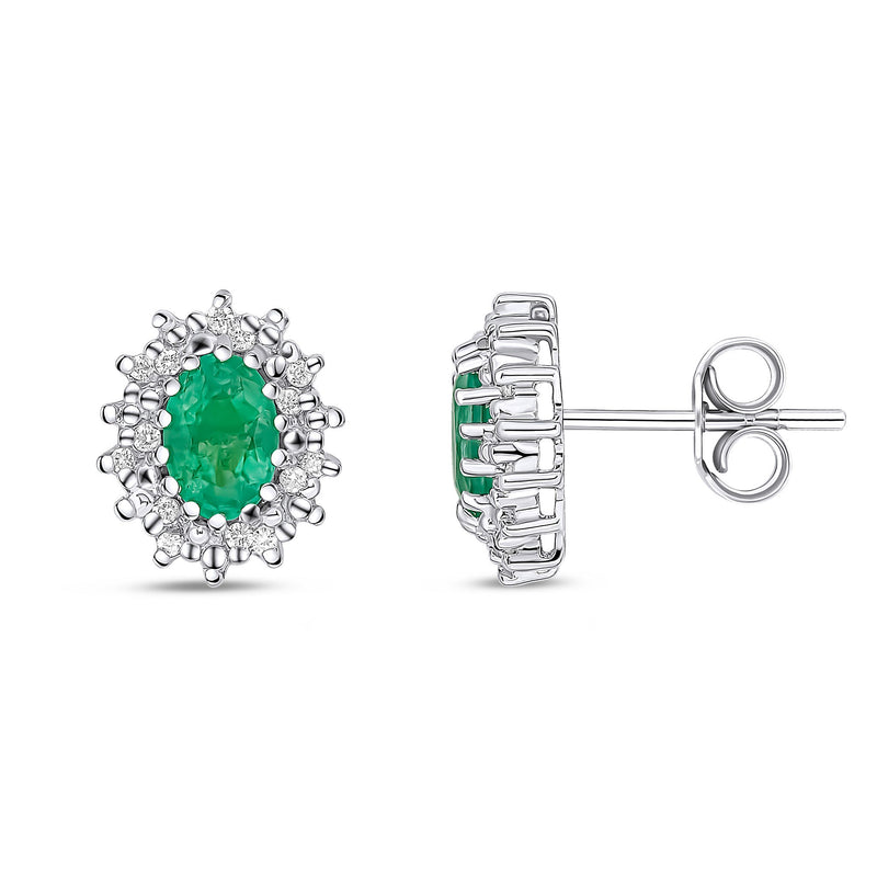 9ct White Gold Oval Natural Emerald & Diamond Claw Set Cluster Stud Earrings — 6x4mm
