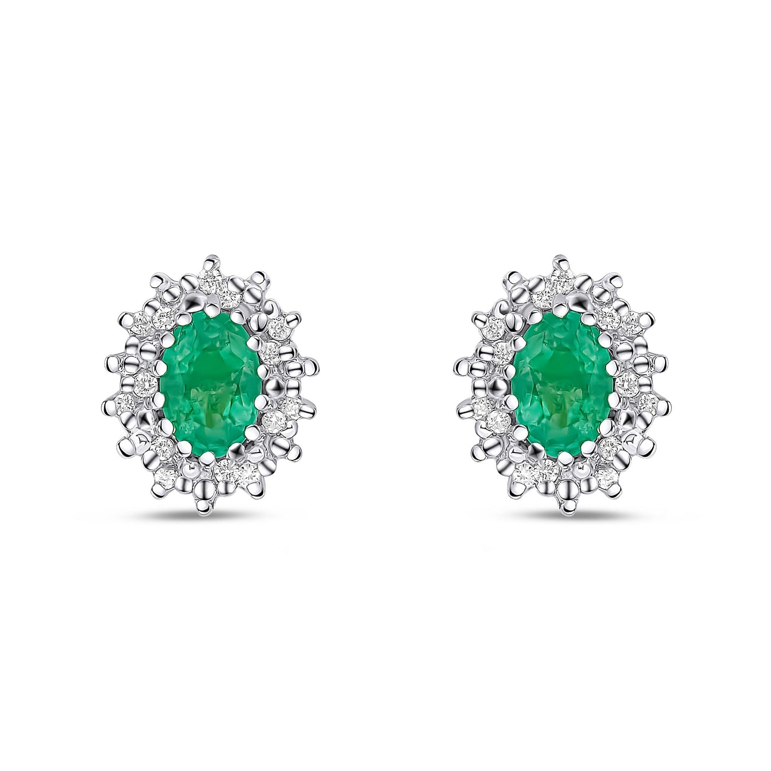 9ct White Gold Oval Natural Emerald and Diamond Cluster Earrings — 6x4mm