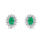 9ct White Gold Oval Natural Emerald & Diamond Claw Set Cluster Stud Earrings — 6x4mm