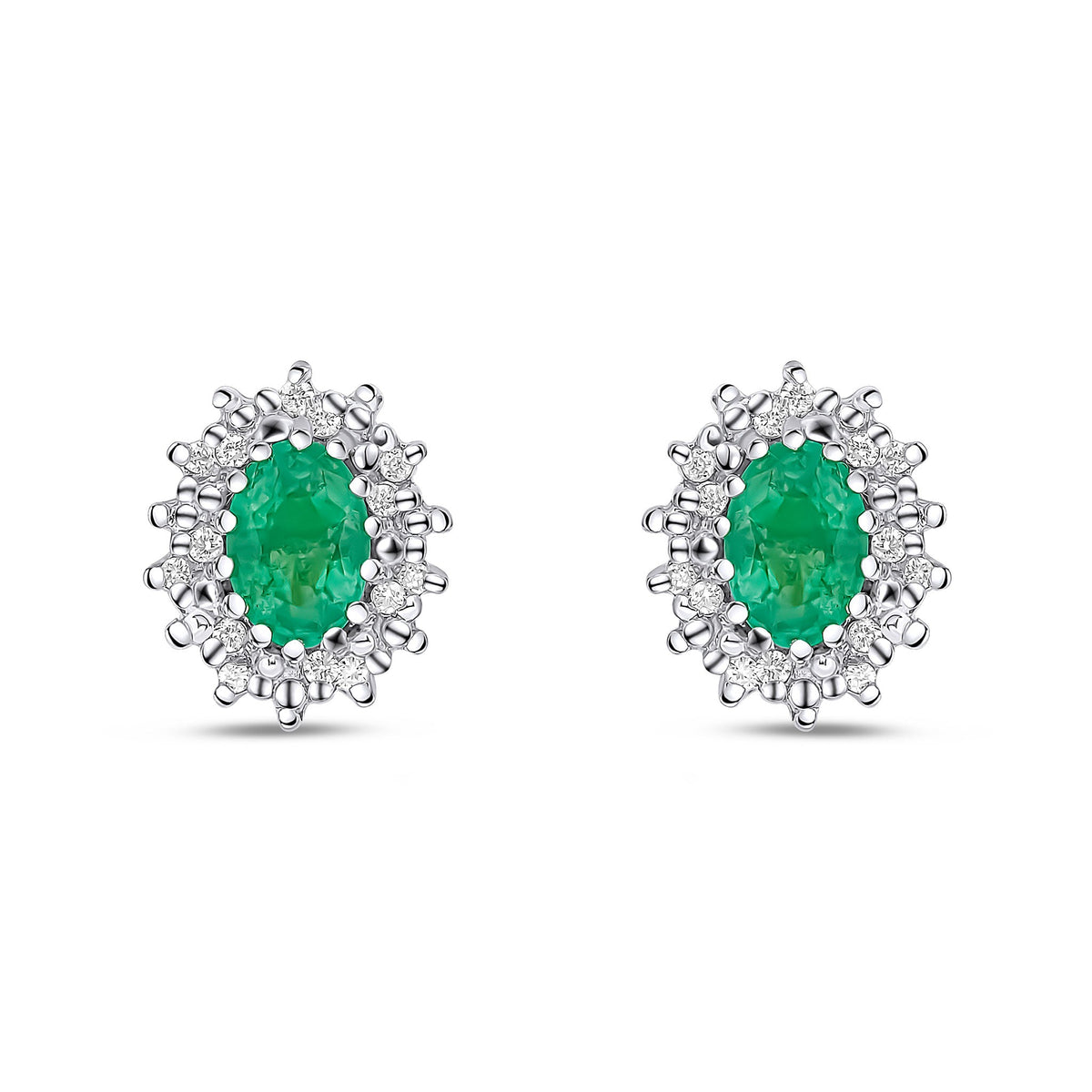 9ct White Gold Oval Natural Emerald & Diamond Claw Set Cluster Stud Earrings — 6x4mm