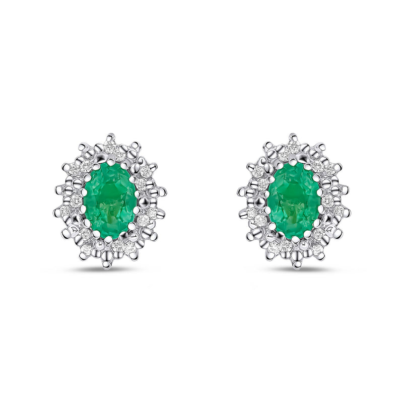 9ct White Gold Oval Natural Emerald & Diamond Claw Set Cluster Stud Earrings — 6x4mm