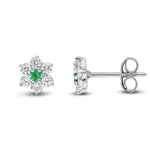 9ct White Gold Round Natural Emerald & Diamond Claw Set Cluster Stud Earrings