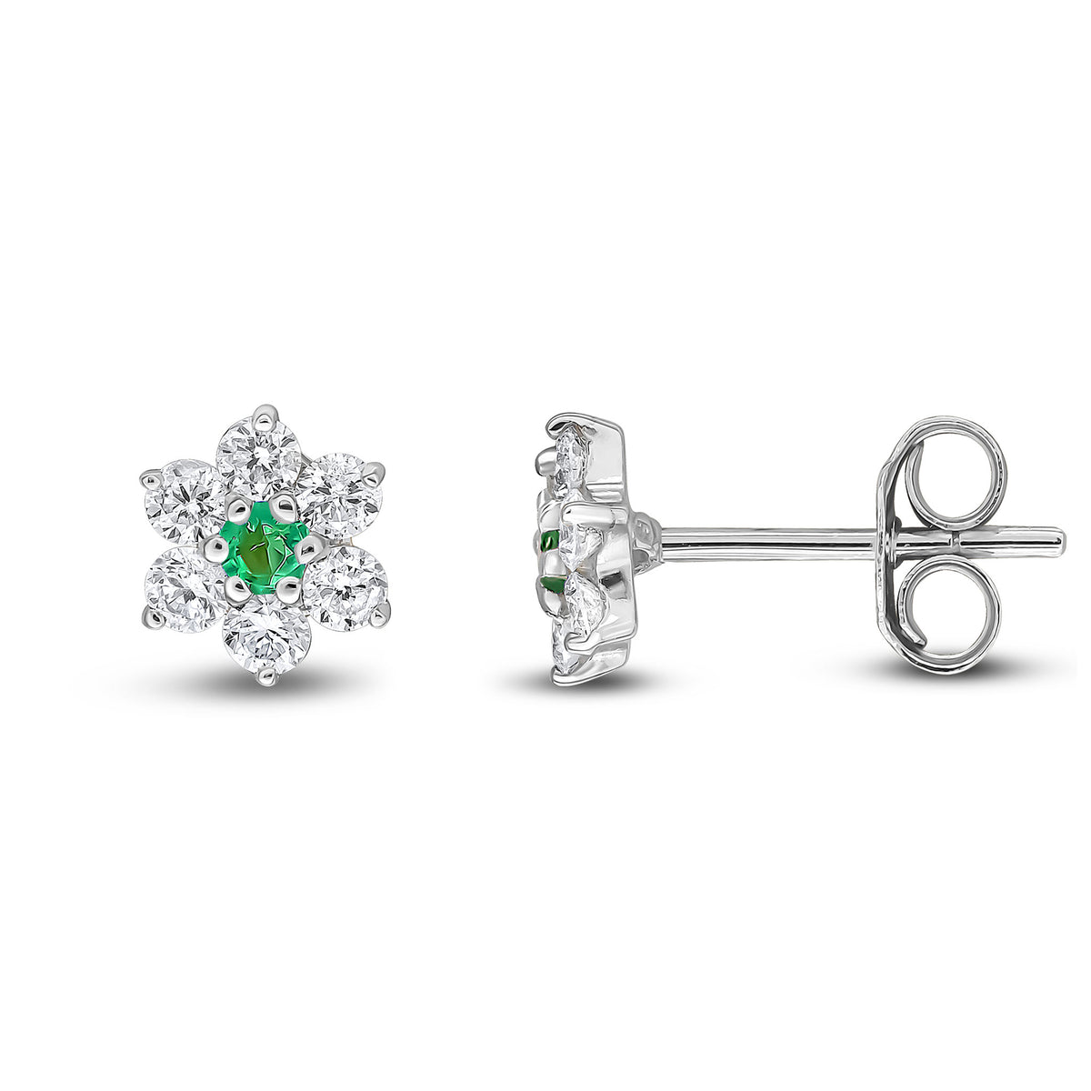 9ct White Gold Round Natural Emerald & Diamond Claw Set Cluster Stud Earrings