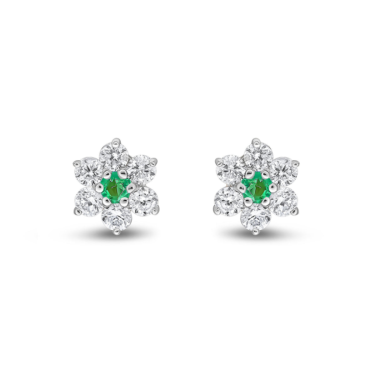 9ct White Gold Round Natural Emerald & Diamond Claw Set Cluster Stud Earrings