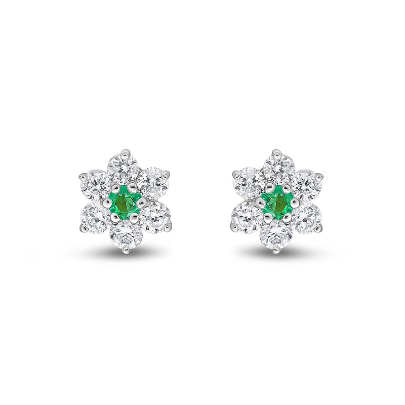 9ct White Gold Round Natural Emerald & Diamond Claw Set Cluster Stud Earrings
