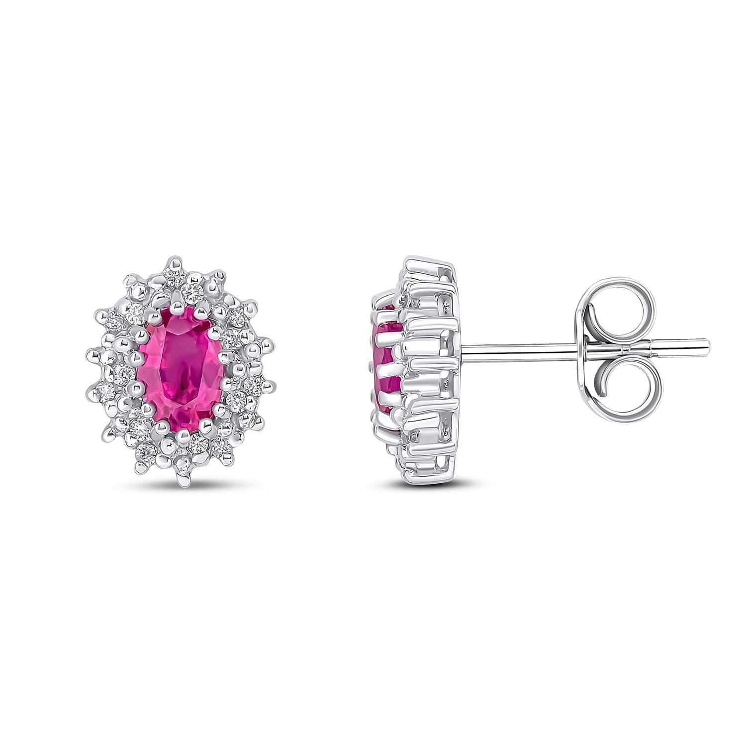 9ct White Gold Oval Natural Ruby and Diamond Cluster Earrings — 6x4mm