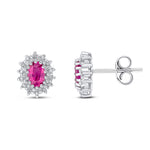 9ct White Gold Oval Natural Ruby & Diamond Claw Set Cluster Stud Earrings — 6x4mm