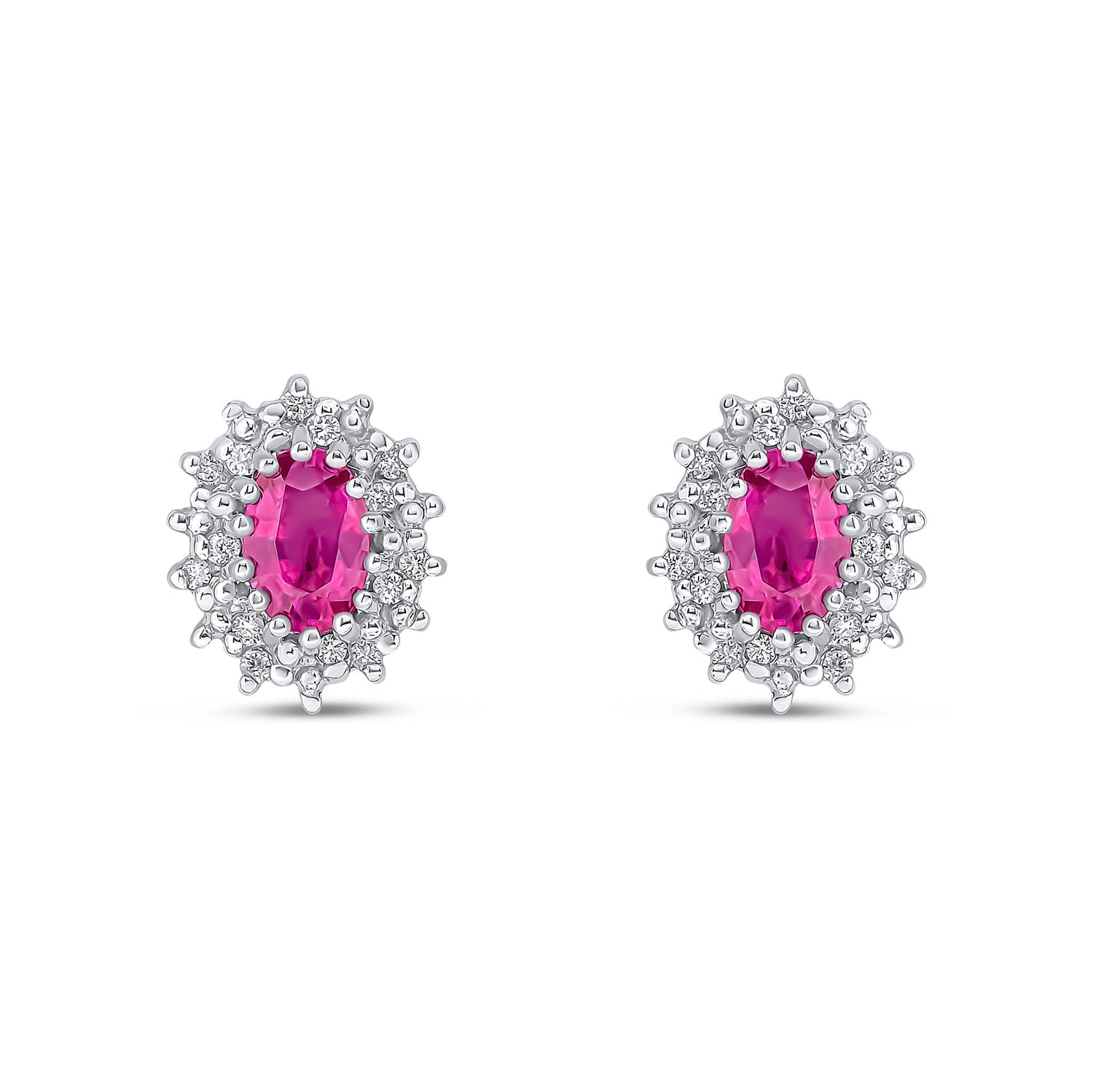 9ct White Gold Oval Natural Ruby and Diamond Cluster Earrings — 6x4mm