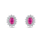 9ct White Gold Oval Natural Ruby & Diamond Claw Set Cluster Stud Earrings — 6x4mm