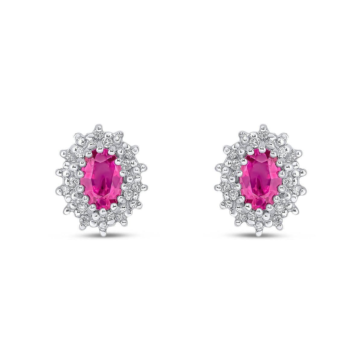 9ct White Gold Oval Natural Ruby & Diamond Claw Set Cluster Stud Earrings — 6x4mm