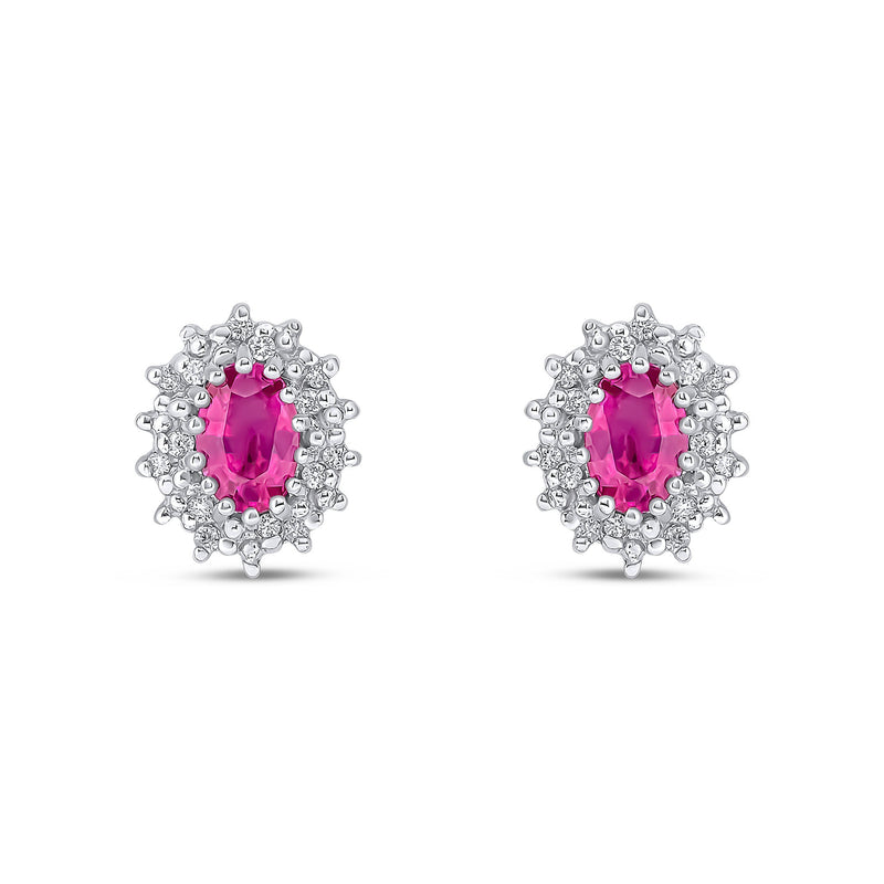 9ct White Gold Oval Natural Ruby & Diamond Claw Set Cluster Stud Earrings — 6x4mm