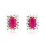 9ct Yellow Gold Octagonal Natural Ruby & Diamond Cluster Stud Earrings — 5x3mm
