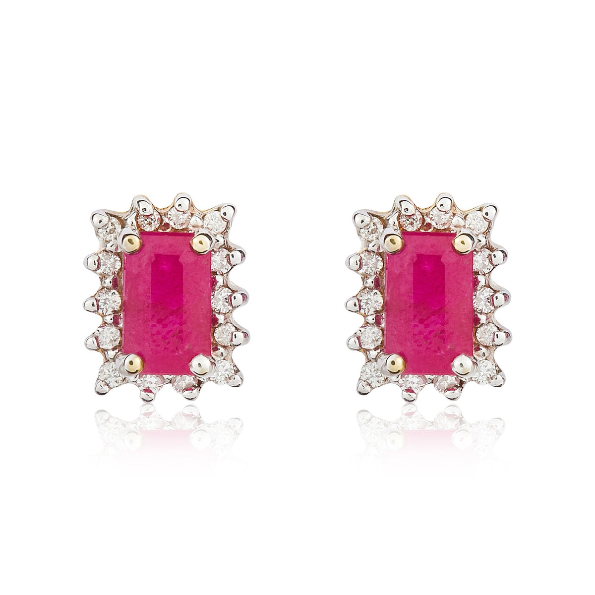 9ct Yellow Gold Octagonal Natural Ruby & Diamond Cluster Stud Earrings — 5x3mm