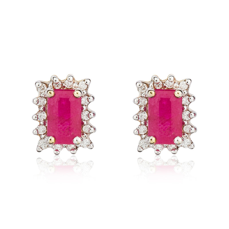 9ct Yellow Gold Octagonal Natural Ruby & Diamond Cluster Stud Earrings — 5x3mm