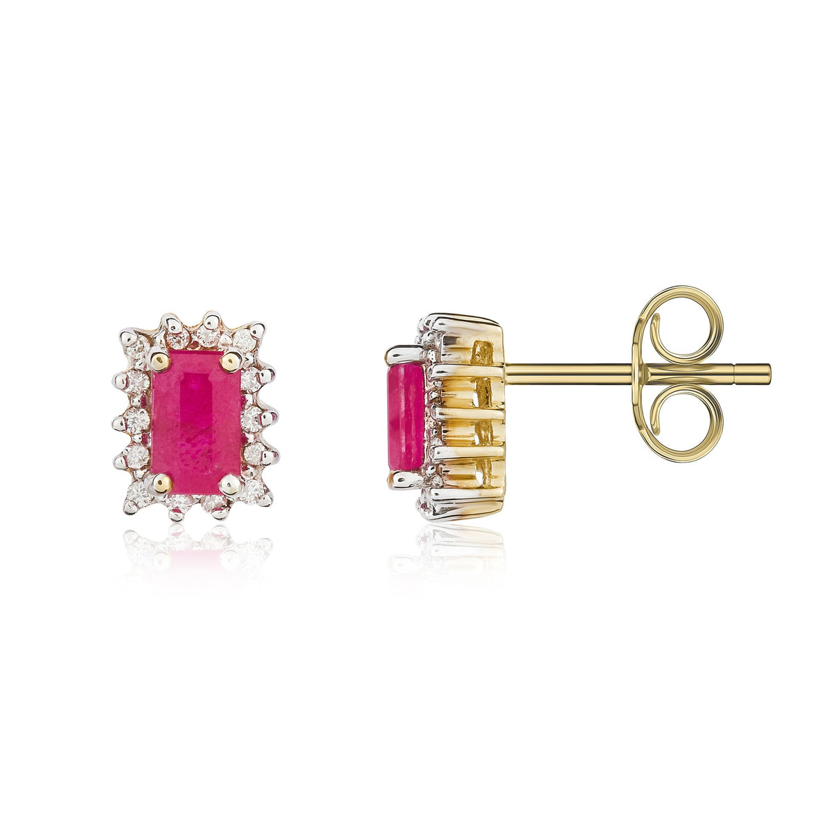 9ct Yellow Gold Octagonal Natural Ruby & Diamond Cluster Stud Earrings — 5x3mm