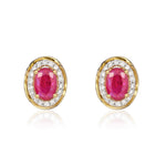 9ct Yellow Gold Oval Natural Ruby & Diamond Rope Edge Cluster Stud Earrings — 6x4mm