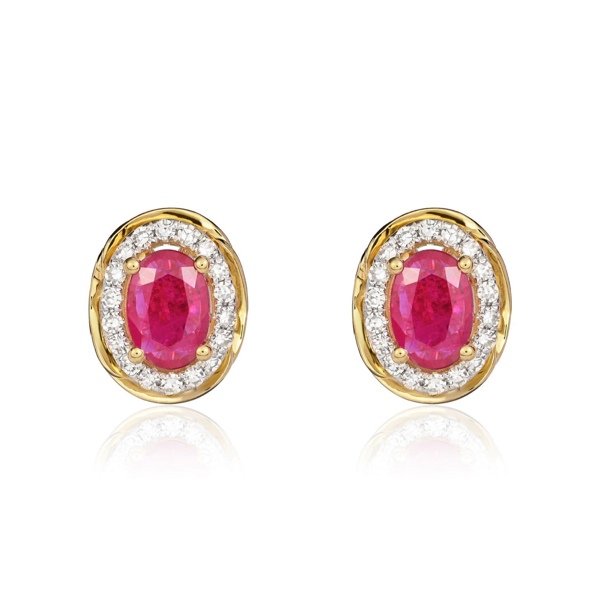 9ct Yellow Gold Oval Natural Ruby & Diamond Rope Edge Cluster Stud Earrings — 6x4mm