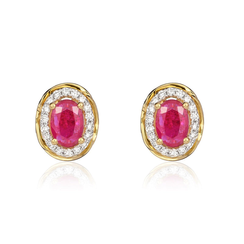 9ct Yellow Gold Oval Natural Ruby & Diamond Rope Edge Cluster Stud Earrings — 6x4mm