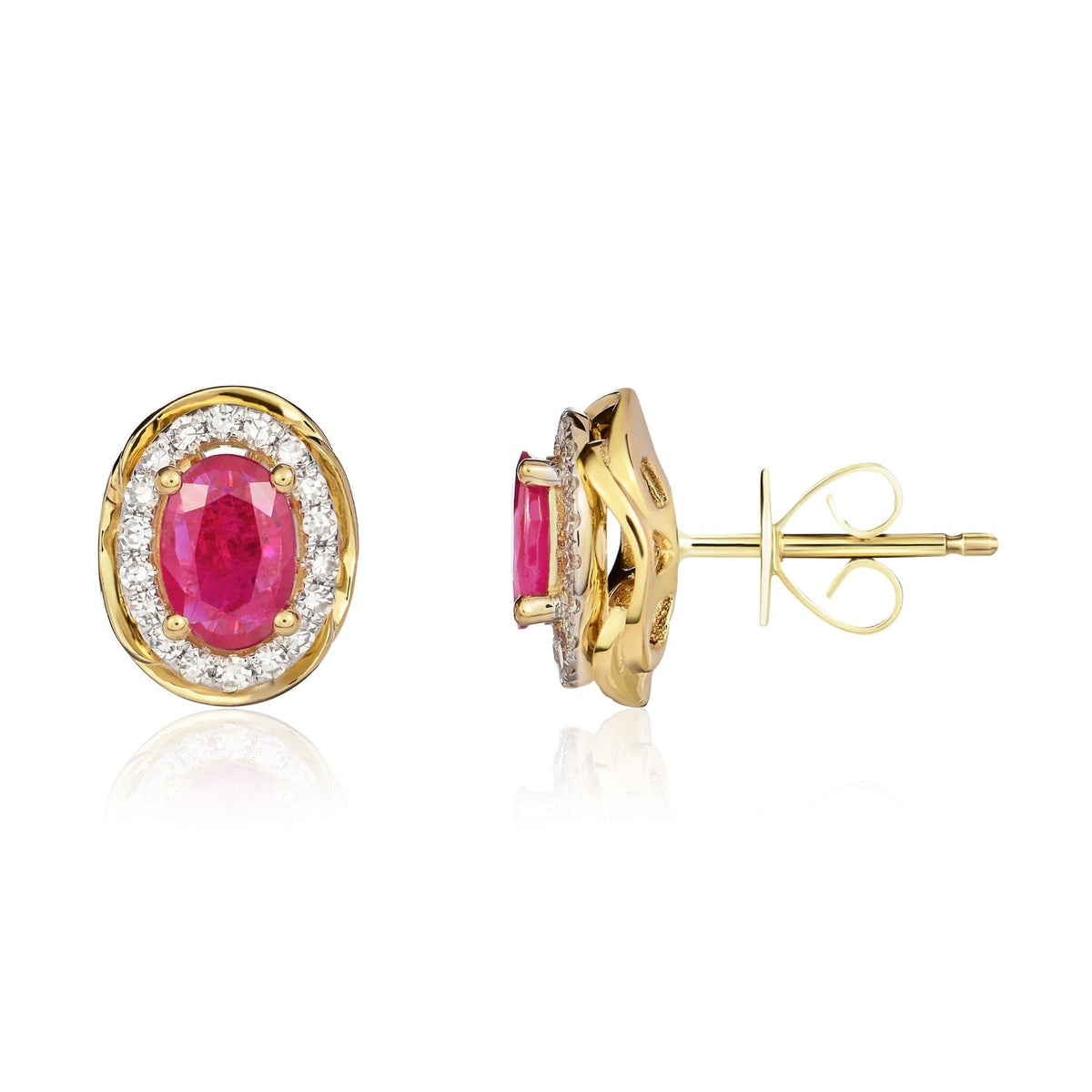 9ct Yellow Gold Oval Natural Ruby & Diamond Rope Edge Cluster Stud Earrings — 6x4mm