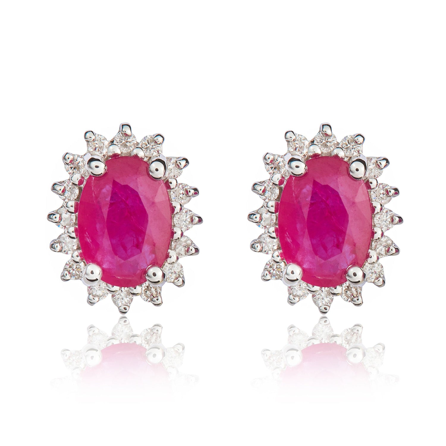 9ct White Gold Oval Natural Ruby and Diamond Cluster Earrings — 7x5mm