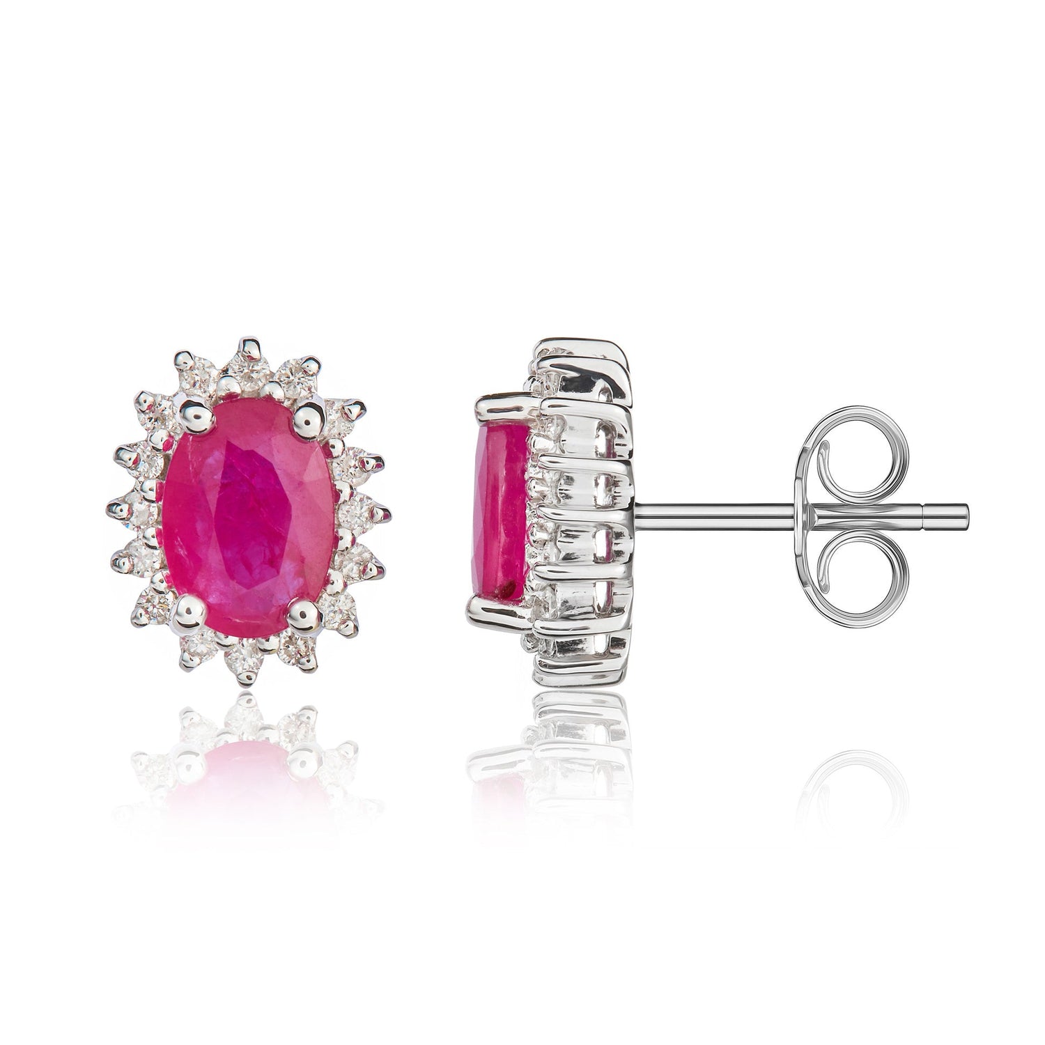 9ct White Gold Oval Natural Ruby and Diamond Cluster Earrings — 7x5mm