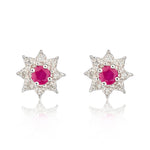 9ct White Gold Round Natural Ruby & Diamond Claw Set Cluster Stud Earrings — 3mm