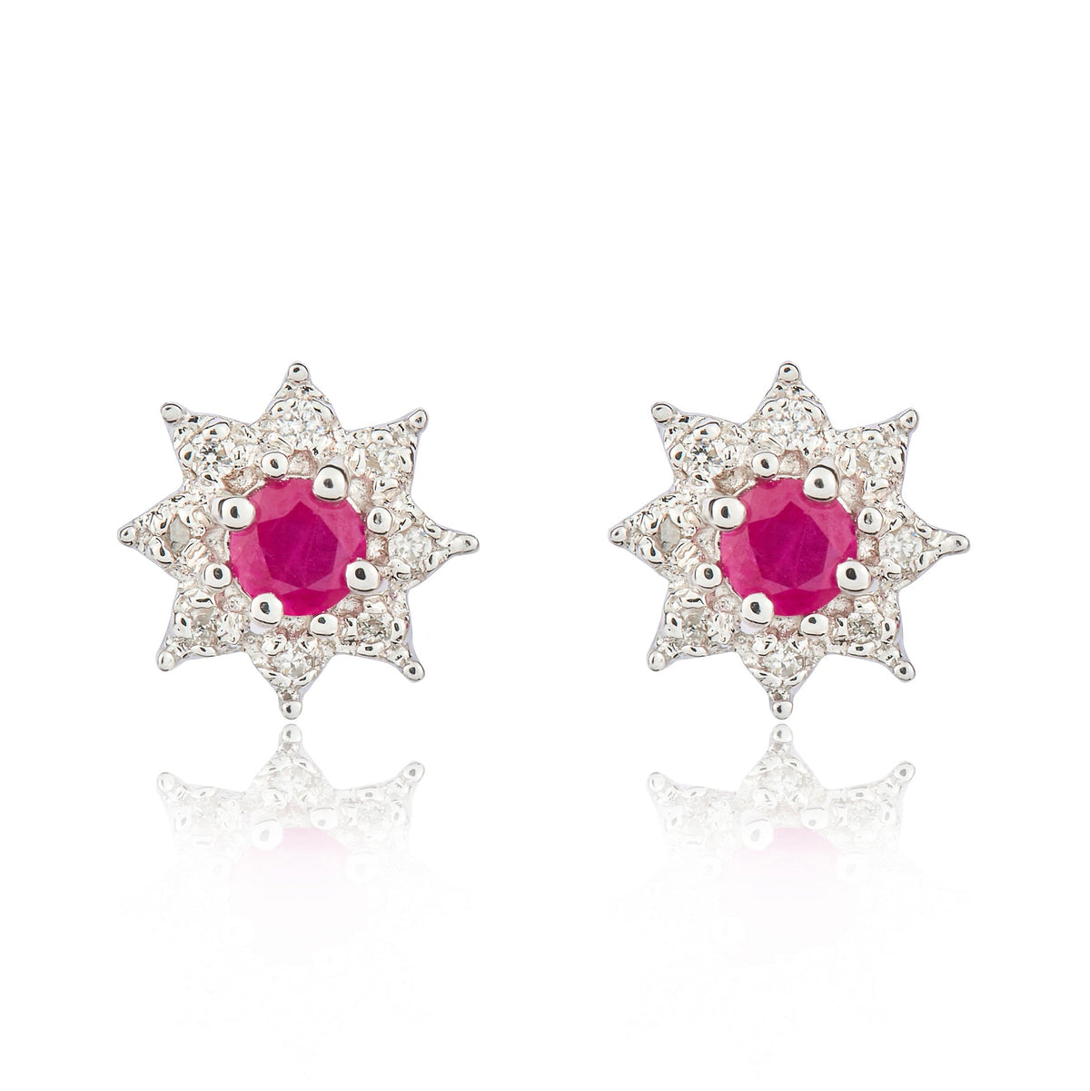 9ct White Gold Round Natural Ruby & Diamond Claw Set Cluster Stud Earrings — 3mm