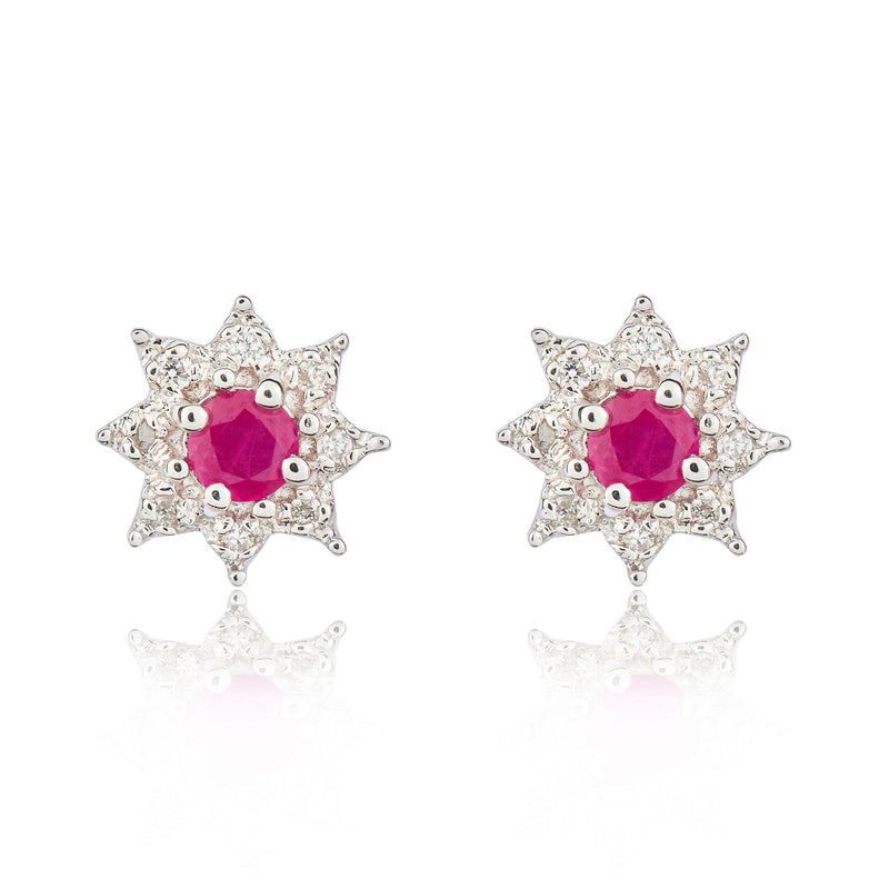 9ct White Gold Round Natural Ruby & Diamond Claw Set Cluster Stud Earrings — 3mm