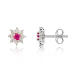 9ct White Gold Round Natural Ruby & Diamond Claw Set Cluster Stud Earrings — 3mm