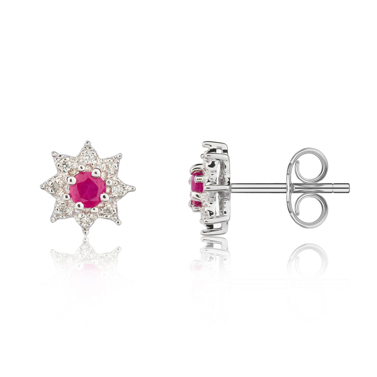 9ct White Gold Round Natural Ruby & Diamond Claw Set Cluster Stud Earrings — 3mm
