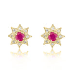 9ct Yellow Gold Round Natural Ruby & Diamond Claw Set Cluster Stud Earrings — 3mm
