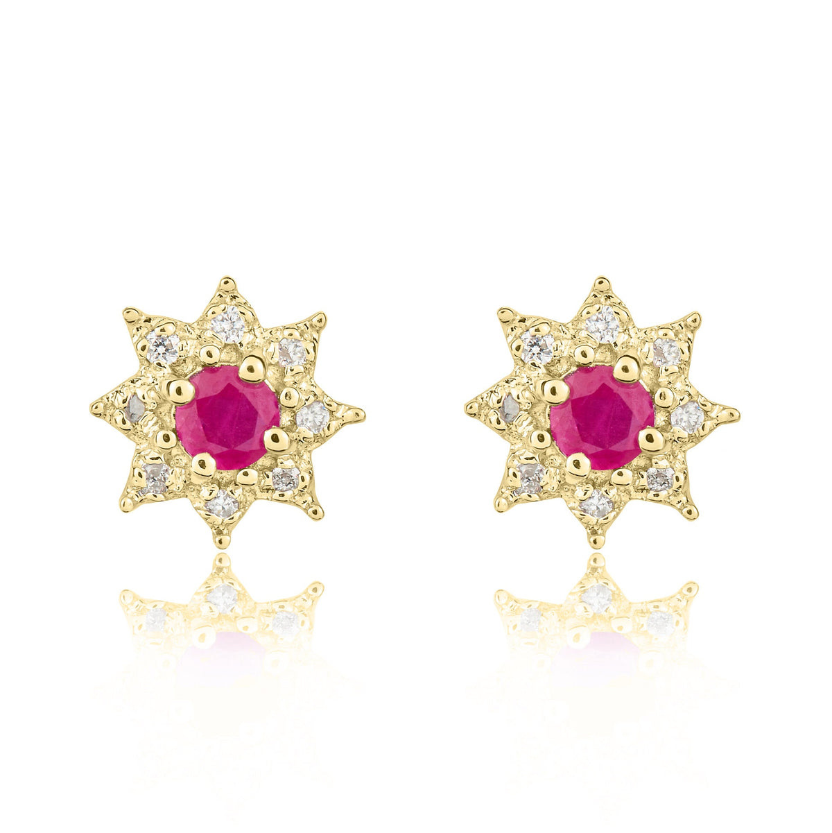 9ct Yellow Gold Round Natural Ruby & Diamond Claw Set Cluster Stud Earrings — 3mm