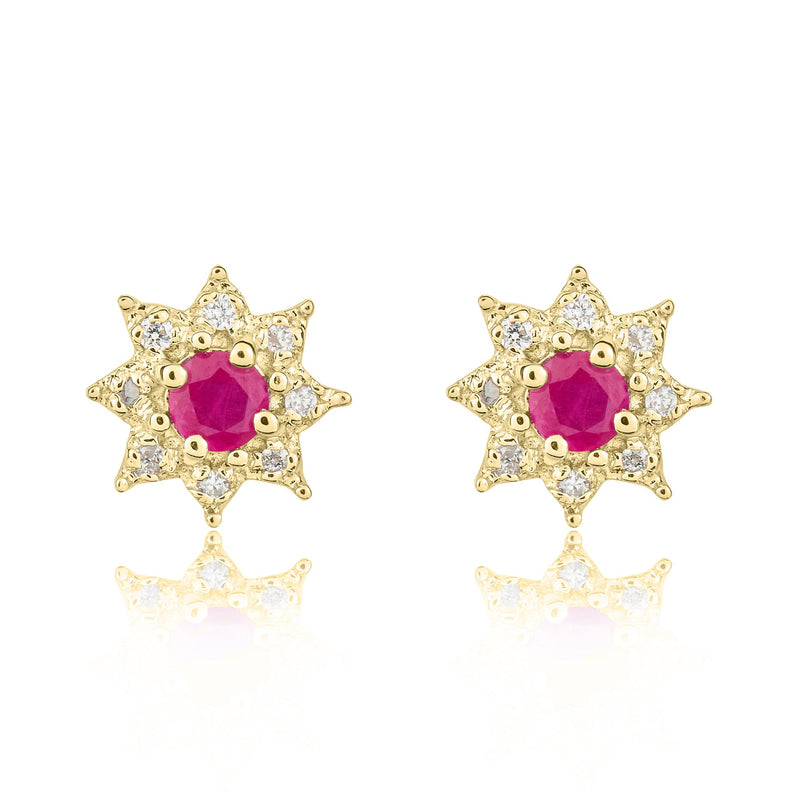 9ct Yellow Gold Round Natural Ruby & Diamond Claw Set Cluster Stud Earrings — 3mm