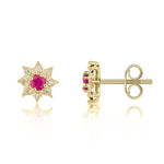 9ct Yellow Gold Round Natural Ruby & Diamond Claw Set Cluster Stud Earrings — 3mm