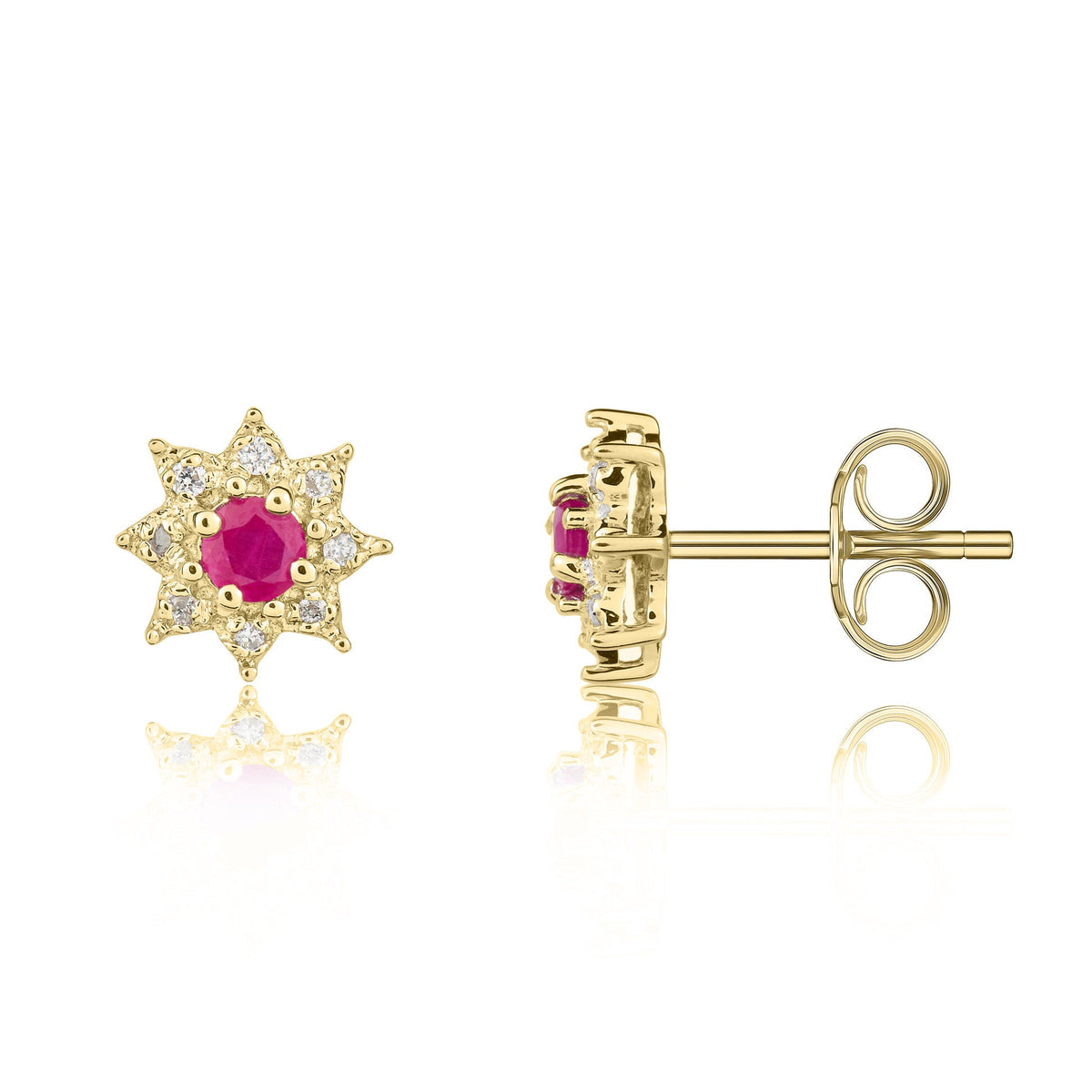 9ct Yellow Gold Round Natural Ruby & Diamond Claw Set Cluster Stud Earrings — 3mm
