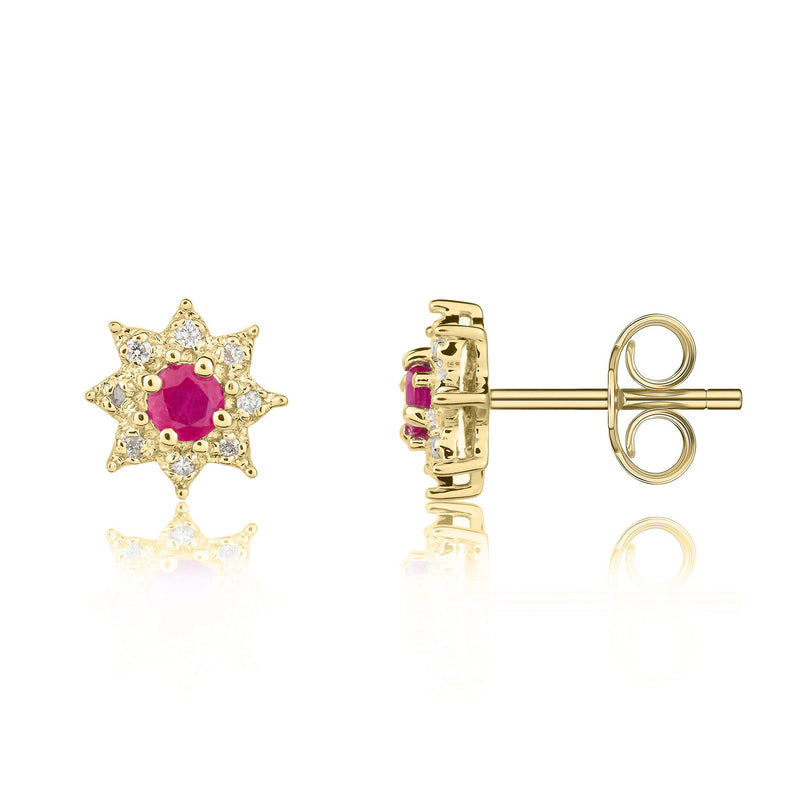9ct Yellow Gold Round Natural Ruby & Diamond Claw Set Cluster Stud Earrings — 3mm