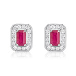 9ct White Gold Octagonal Natural Ruby & Diamond Claw Set Cluster Stud Earrings — 5x3mm