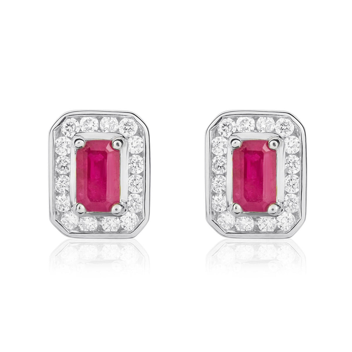 9ct White Gold Octagonal Natural Ruby & Diamond Claw Set Cluster Stud Earrings — 5x3mm