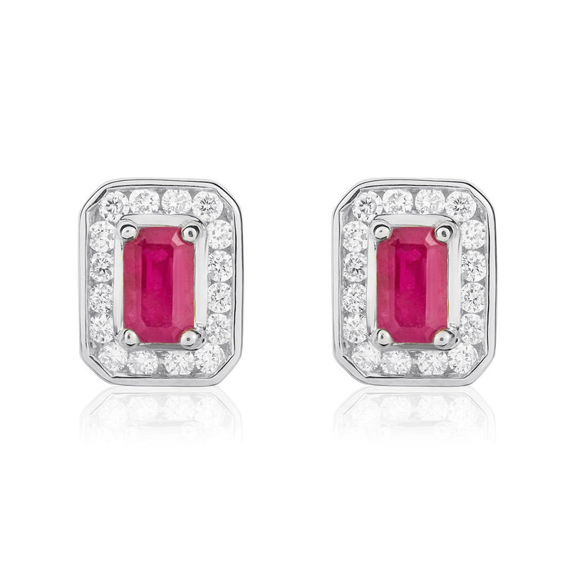 9ct White Gold Octagonal Natural Ruby & Diamond Claw Set Cluster Stud Earrings — 5x3mm