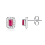 9ct White Gold Octagonal Natural Ruby & Diamond Claw Set Cluster Stud Earrings — 5x3mm