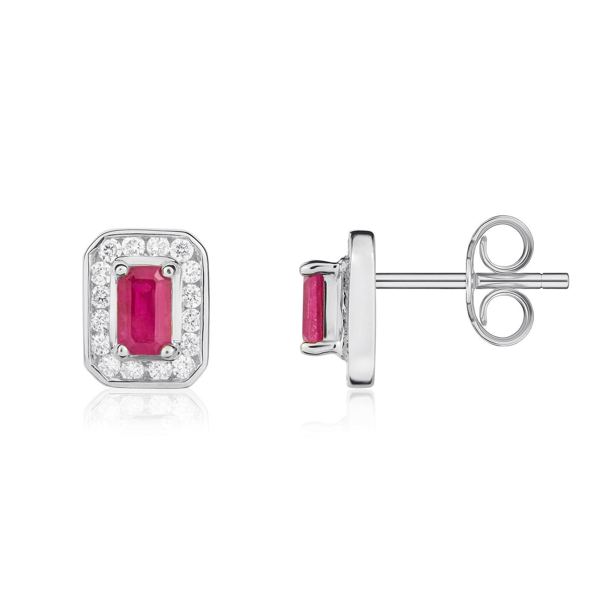 9ct White Gold Octagonal Natural Ruby & Diamond Claw Set Cluster Stud Earrings — 5x3mm