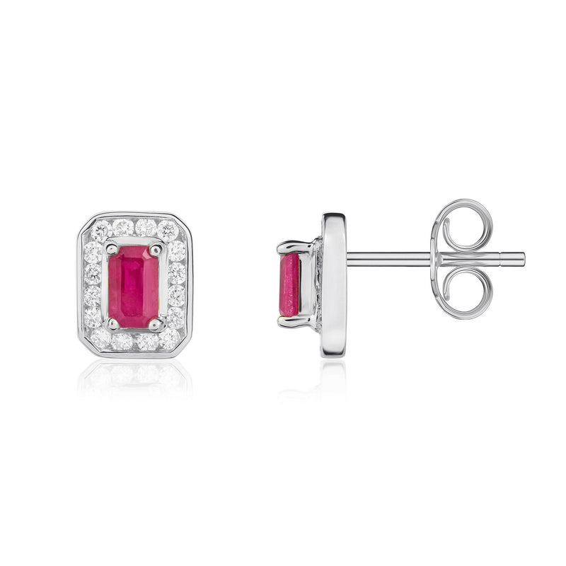 9ct White Gold Octagonal Natural Ruby & Diamond Claw Set Cluster Stud Earrings — 5x3mm